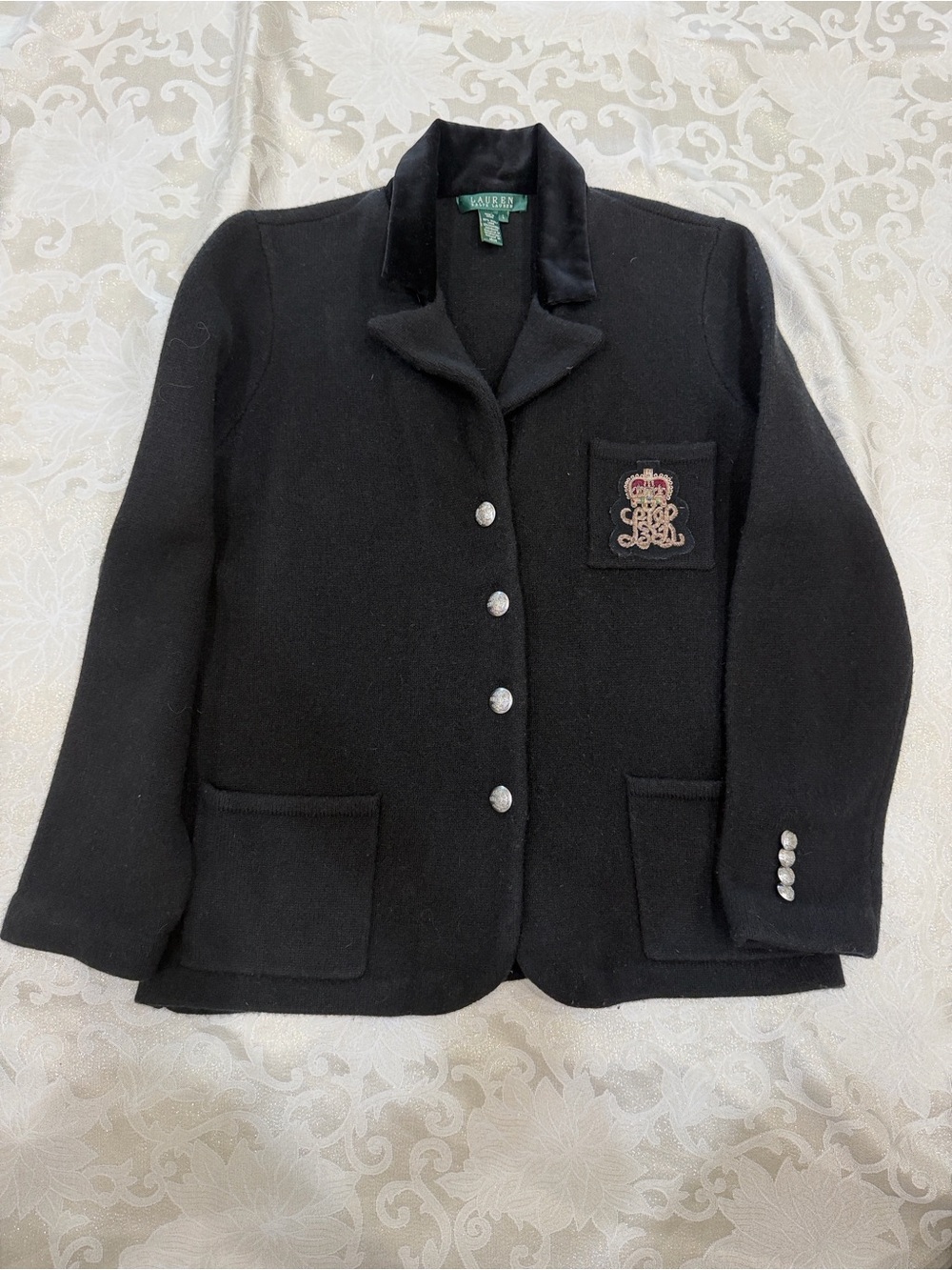 Ralph Lauren Black Wool Blazer with Embroidered Crest